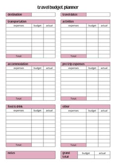 the travel budget planner is shown in this printable form, with pink accents and white writing