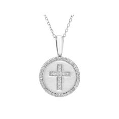 Display your faith with this diamond accent cross necklace from It's Personal. Display your faith with this diamond accent cross necklace from It's Personal.Click on this JEWELRY & WATCHES GUIDE to learn about fit, styles, materials and more! Pendant size: 12.5 mm. Chain length: 18-in. Chain type: cable Adjustable chain with lobster-claw clasp Base metal: sterling silver Finish: matte Plating: rhodium Packaging: boxed Nickel freeDIAMOND DETAILS Total weight: 1/6 ct. Shape: round brilliant Settin Diamond White Cross Necklaces With Diamond Accents, Diamond White Necklaces With Cross Shape And Diamond Accents, Anniversary Cross Necklace With Diamond Accents, Diamond Round Cross Necklace For Anniversary, White Gold Round Diamond Cut Cross Necklace, Anniversary Necklace With Pave Setting Cross Pendant, Anniversary Cross Pendant Necklace With Pave Setting, Cross Necklace With Single Cut Diamonds, Sterling Silver Crucifix Necklace With Diamond Accents