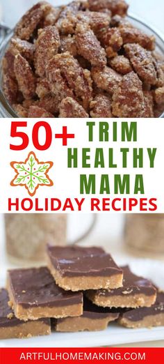 homemade holiday treats with text overlay that reads 50 + trim healthy mama holiday recipes