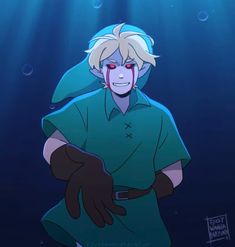 an animated image of a man in green shirt under water with his hands on his chest