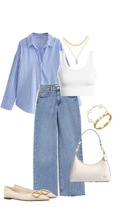 White And Blue Striped Shirt Outfit, Blue And White Striped Shirt Outfit, Striped Tank Top Outfit, White Striped Shirt Outfit, Blue Striped Shirt Outfit, Delicate Gold Jewelry, Blue And White Striped Shirt, Beige Flats, White Shoulder Bag