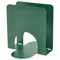 two green bookends sitting next to each other on a white background, one has a hole in the middle