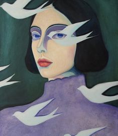 a painting of a woman with white birds flying around her head and shoulders, in front of a dark green background