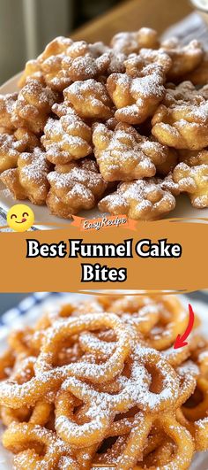 there are two different types of funnel cake bites on the same plate and one is filled with powdered sugar