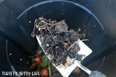 a metal scoop filled with dirt next to tomatoes