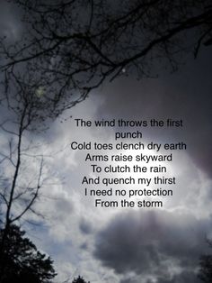 a poem written in the sky with trees and clouds behind it, on a cloudy day