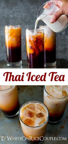 three glasses filled with iced tea on top of a table