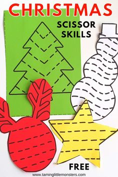 christmas scissor skills for kids to use with paper and construction materials on the table