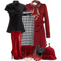 "Deep Red with Black and Houndstooth" by skpg on Polyvore Classic Work Outfits, فستان سهرة, Red Boots, Complete Outfits, Fall Fashion Outfits, Outfit Casual, Office Outfits