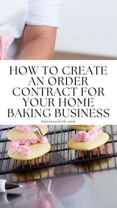 a woman baking cookies with pink icing on top and the words how to create an order contact for your home baking business