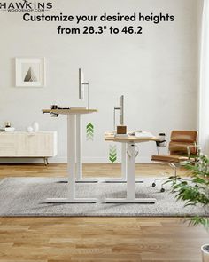 a white desk sitting on top of a wooden floor next to a chair and table