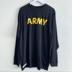 U.S. Army Physical Fitness Uniform Apfu T-Shirt Long Sleeve Size Xl Unisex Black With Yellow Spell Out Army Long Sleeve Crew Neck Brand New In Packaging Make Me An Offer Sporty Yellow Long Sleeve T-shirt, Oversized Yellow Long Sleeve Top, Oversized Yellow T-shirt With Letter Print, Black Long Sleeve Shirt With Text Print, Sporty Long Sleeve Yellow Top, Sporty Yellow Long Sleeve Top, Yellow Relaxed Fit Long Sleeve T-shirt, Oversized Yellow Top For Streetwear, Yellow Oversized Top For Streetwear