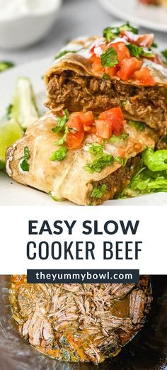 the easy slow cooker beef sandwich is ready to be eaten