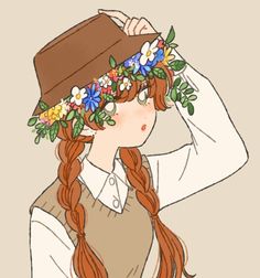 a drawing of a girl with long red hair wearing a hat and flowers in her hair