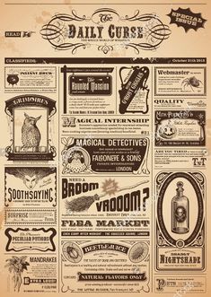 an old fashioned newspaper advertisement with different types of advertisements on the front and back pages