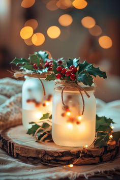 two mason jars filled with holly and lights