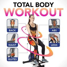 a woman sitting on an exercise bike with the words total body workout