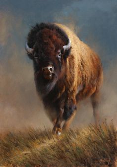 an oil painting of a bison running in the grass