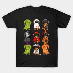 a black t - shirt with cartoon dogs in halloween costumes on the front and back