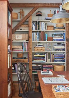 a wooden desk sitting in front of a bookshelf filled with lots of books