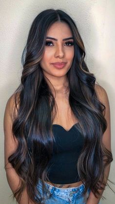 Long Black Balayage Hair, Black Hair With Highlighted Extensions, Balage Highlights On Dark Hair, Brown Boliage Hair On Black Hair, Black With Babylights, Black Caramel Hair, Highlights For Jet Black Hair, Long Dimensional Brunette, Long Black Hair Balayage