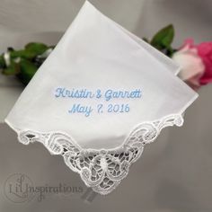 This elegant wedding hankerchief can be personalized for the perfect something blue for bride and for your mother of the bride gift: Handkerchief Features: * A gorgeous lace motif on one corner * Measures 11 x 11 inches square * 100% ultra soft white cotton Personalization shown in light blue thread and Lettering Style Script-Manila. 𝐌𝐨𝐫𝐞 𝐇𝐚𝐧𝐝𝐤𝐞𝐫𝐜𝐡𝐢𝐞𝐟 𝐒𝐭𝐲𝐥𝐞𝐬 𝐂𝐥𝐢𝐜𝐤 𝐇𝐞𝐫𝐞: https://www.etsy.com/shop/LiLinspirations * * * A Featured Pick on TheKnot * * * This is my full Something Blue For Bride, Wedding Hankerchief, Wedding Hankies, Mother Of The Bride Gift, Wedding Handkerchief, Lettering Style, Bride Gift, Personalized Baby Blankets, Something Blue