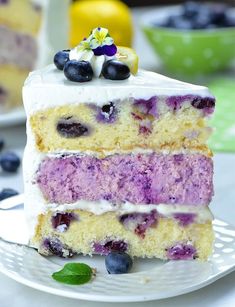 a slice of blueberry cake on a plate