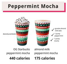 two cups with different types of peppermint mocha on them and labeled in the following words