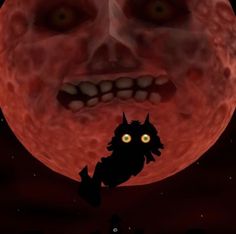 an animated image of a creepy looking creature in front of a red moon with yellow eyes