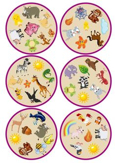 four plates with different types of animals on them, all in pink and purple frames