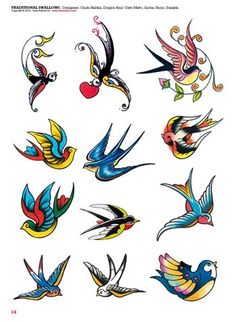 an image of birds with different designs on their body and back side, all in different colors