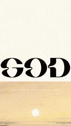 the word god is written in black on a white background with an orange and yellow sun