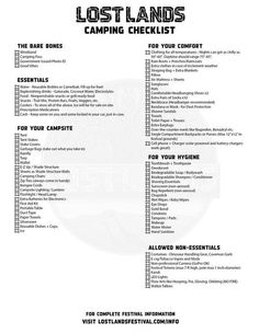 the lostlands camping checklist is shown in black and white, with text on it