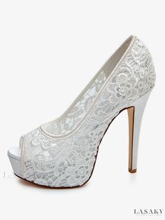 Lasaky - Exquisite White Lace Peep Toe Stiletto Heel Platform Wedding Shoes for Brides Platform Bridal Shoes, Platform Wedding Shoes, Shoes For Brides, Fall Toes, Wedding Shoes Platform, Bridal Pumps, Kitten Heel Shoes, Pumps Heels Stilettos, Lace Bridal Gown