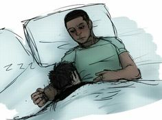 a drawing of a man laying in bed with his arm around another man's head