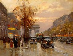 an oil painting of people and cars on a rainy day in paris, with the arc de trioe behind them