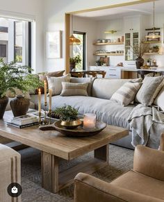 a living room filled with furniture and lots of plants on top of a wooden table