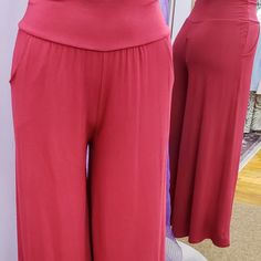 Knit Wide Legs Crop Pant 95% Polyester 5% Spandex Red Solid Long Pants, Red Solid Color Long Pants, Stretch Wide Leg Pants With Pockets In Red, Red Stretch Wide Leg Ankle-length Pants, Stretch Red Wide Leg Pants With Pockets, Red High-waisted Wide Leg Lounge Pants, Red Stretch Wide Leg Pants With Pockets, Red Full-length Yoga Pants For Loungewear, Fitted Red Loungewear Bottoms