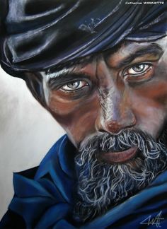 an oil painting of a man wearing a black turban and blue shawl