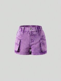 Young Girl Purple 3D Cargo Style Cute And Sweet Street Fashion Denim Shorts With Multiple Pockets Purple    Denim Plain Straight Leg Non-Stretch  Young Girls Clothing, size features are:Bust: ,Length: ,Sleeve Length: Moda Denim, Girls Denim Shorts, Purple Shorts, Workwear Fashion, Girls Denim, Short En Jean, Kids Beachwear, Pretty Food, Girls Clothing