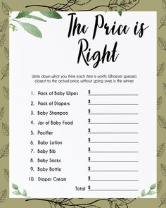 the price is right printable baby shower game for boys and girls with leaves on it