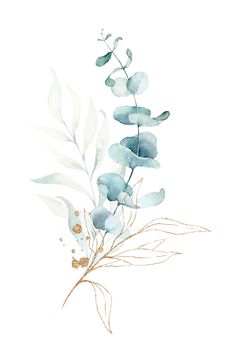 watercolor painting of blue flowers and leaves