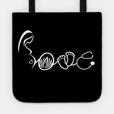 a black tote bag with the word love written in white