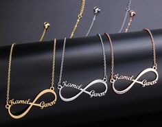 "This custom names necklace is personalized in an infinity symbol, we can do up to 4 names! Great for your loved ones. This necklace is made of surgical grade stainless steel with Rose Gold/White gold/gold plated which is durable, resilient and affordable. This personalized necklace is elegant and stunning. It can adorn any outfit and any look you hope to achieve. This is handmade with love to ensures that your orders are treated delicately and with utmost tender loving care. Plus, it comes with Personalized Rose Gold Stainless Steel Name Necklace, Rose Gold Stainless Steel Name Necklace For Mother's Day, Personalized Infinity Rose Gold Jewelry, Rose Gold Name Necklace In Stainless Steel, Personalized Rose Gold Infinity Jewelry, Valentine's Day Infinity Jewelry With Custom Name, Rose Gold Stainless Steel Name Necklace, Adjustable Rose Gold Name Necklace, Customizable Infinity Jewelry For Mother's Day