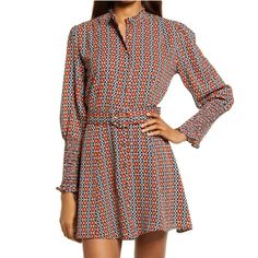 Bishop + Young Odessa Long Sleeve Belted Dress. Size Medium Brand New With Tags Colors: Navy Blue, Rust Red / Burnt Orange, Gold / Yellow, And White Bold, Geometric Pattern Is Tiled On This Chic And Sophisticated Dress Long Sleeves With Smocked Cuffs A Tonal Belt That Accentuates The Waist Belt Loops Lined At The Skirt Gold Tone Buttons Down The Front Of The Dress Small Ruffle Accent At The Top Of The High Collar 100% Polyester Geo Print, Smocked Cuffs, Belted Dress, Fall, Spring, Button Up Dres Orange Long Sleeve Midi Dress, Multicolor Fall Dress For Workwear, Orange Long Sleeve Mini Dress For Brunch, Multicolor Mini Dress For Work, Orange Long Sleeve Midi Dress For Work, Long Sleeve Orange Midi Dress For Work, Fitted Orange Mini Dress For Work, Orange Mini Dress For Work, Multicolor Printed Dress For Workwear