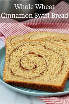 two slices of cinnamon swirl bread on a blue plate