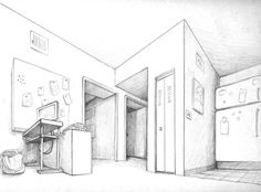 this is a drawing of a room with refrigerators and trash cans on the floor