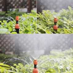 the sprinkler is spraying water on the plants in the garden, and there are three pictures showing how to use it