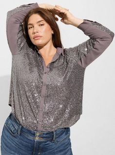 FIT Model is 5'9” wearing size 0. . Measures 30” from shoulder (size 2). MATERIALS + CARE Sequined woven fabric. 100% polyester. Dry clean only. Imported. DETAILS Collared neckline. Long sleeves. . Sequined detail. The best plus size women's madison sequin button-front long sleeve shirt tops in gunmetal made of sequin. Torrid is your destination for cozy fall and winter clothes to keep you warm and comfortable. Leopard Print Blouse, Puff Sleeve Top, Cute Skirts, Winter Clothes, Cozy Fall, Black Sequins, Perfect Shirt, Short Sleeve Blouse, Long Sleeve Shirt