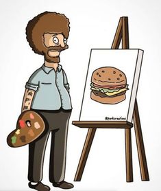 a man standing next to an easel with a hamburger on it